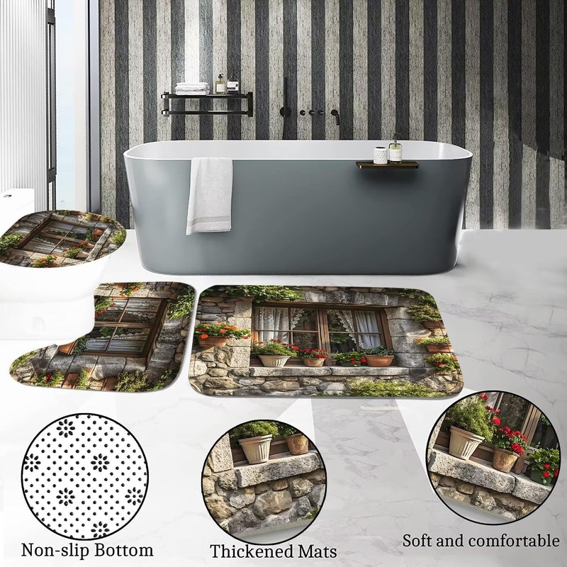 DDQQ 4PCS Spring Landscape Shower Curtain Bathroom Set with Rugs, Toilet Lid Cover and Bath Mat, Windowsill Floral Shower Curtain with 12 Hooks, Complete Bathroom Accessories Decor Set - Image 5